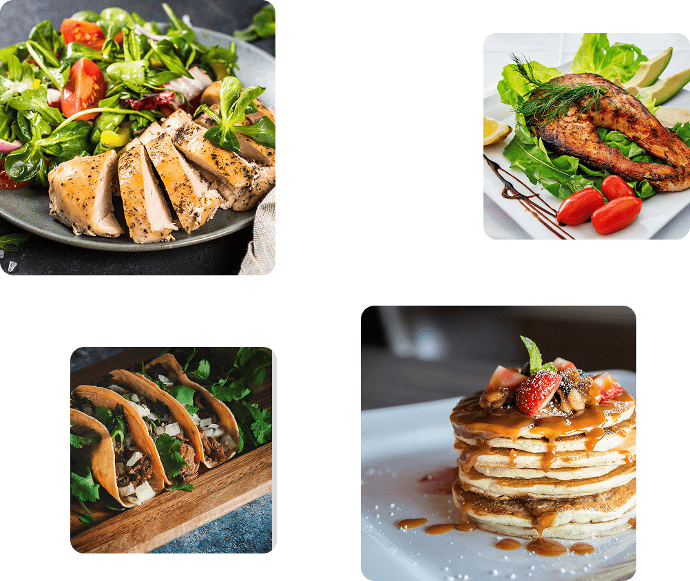 Dishes from a restaurant menu, each with an add button