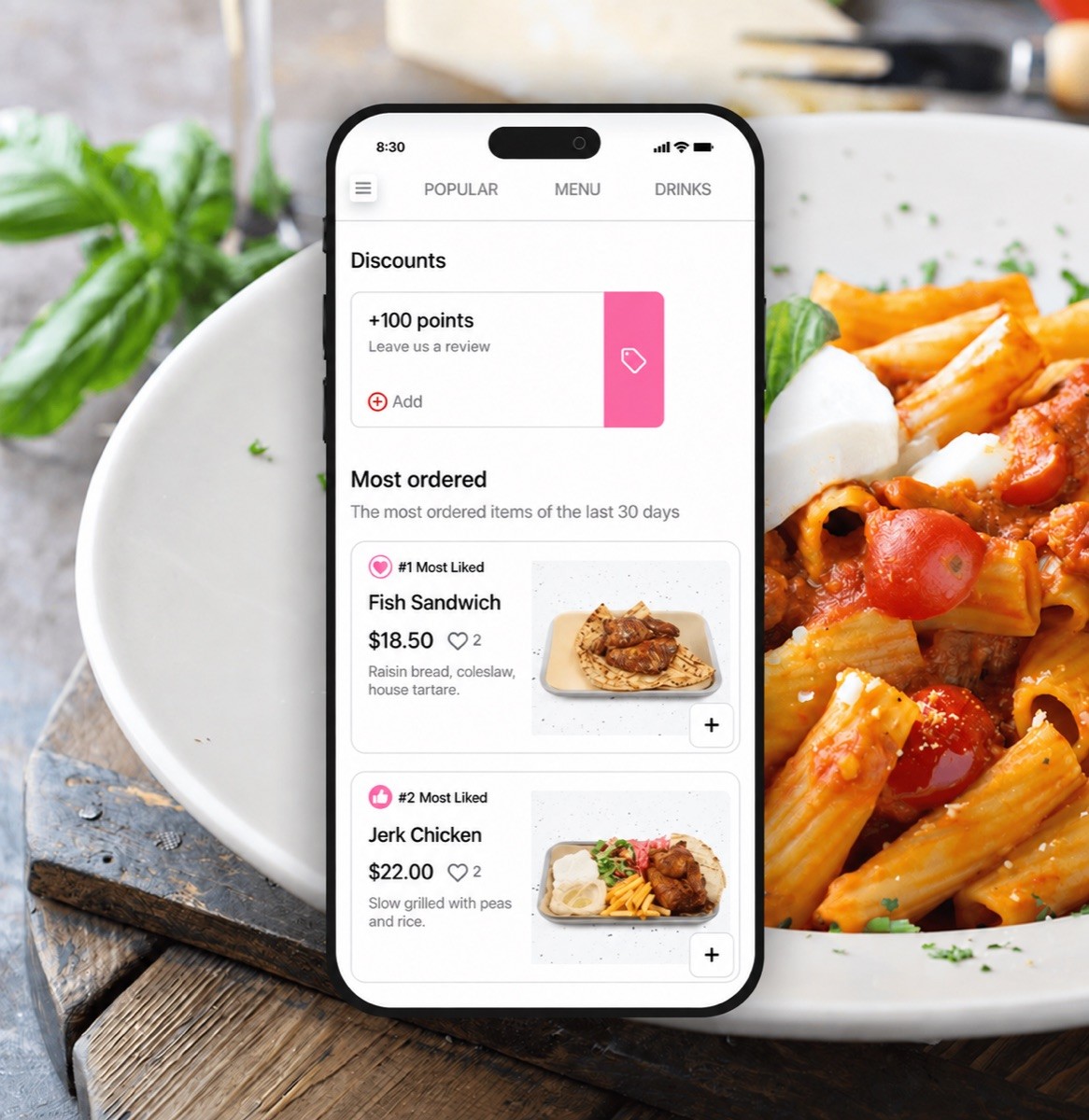 A phone showing a restaurant's ordering page with a discount and its most ordered dishes
