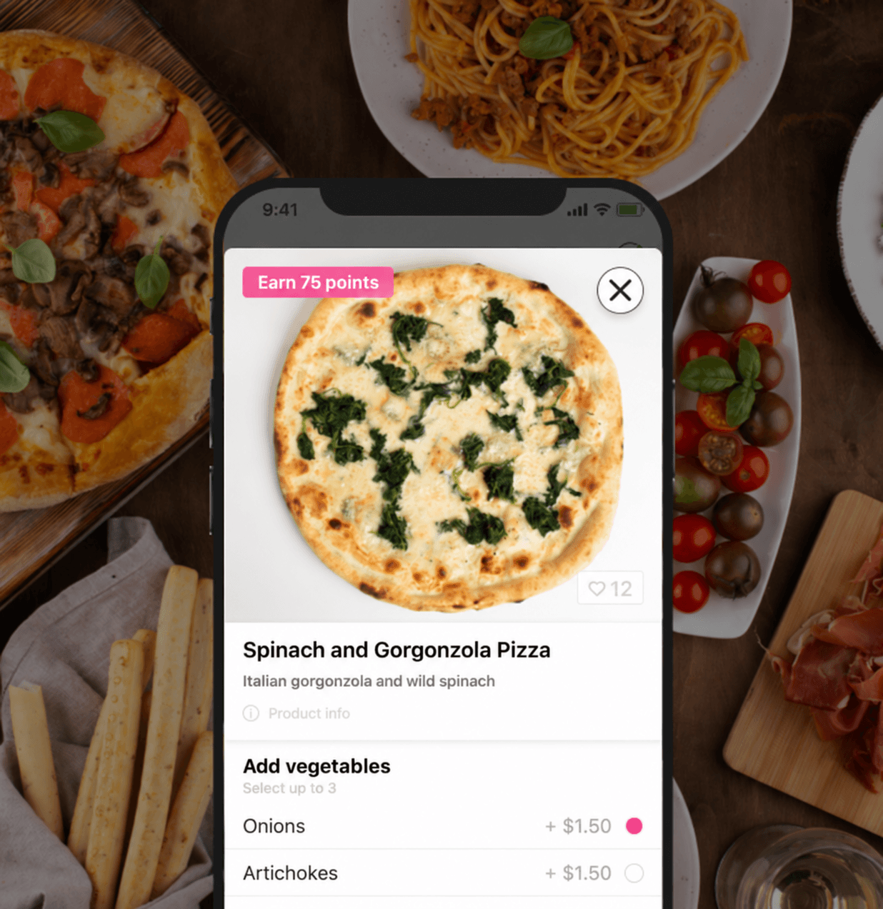 A pizza on a restaurant's ordering page marked Earn 75 points