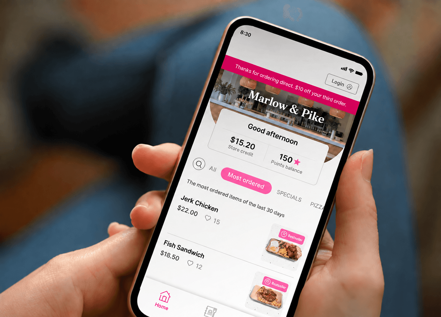 A phone showing Marlow & Pike's own app with store credit, loyalty points and its most ordered dishes