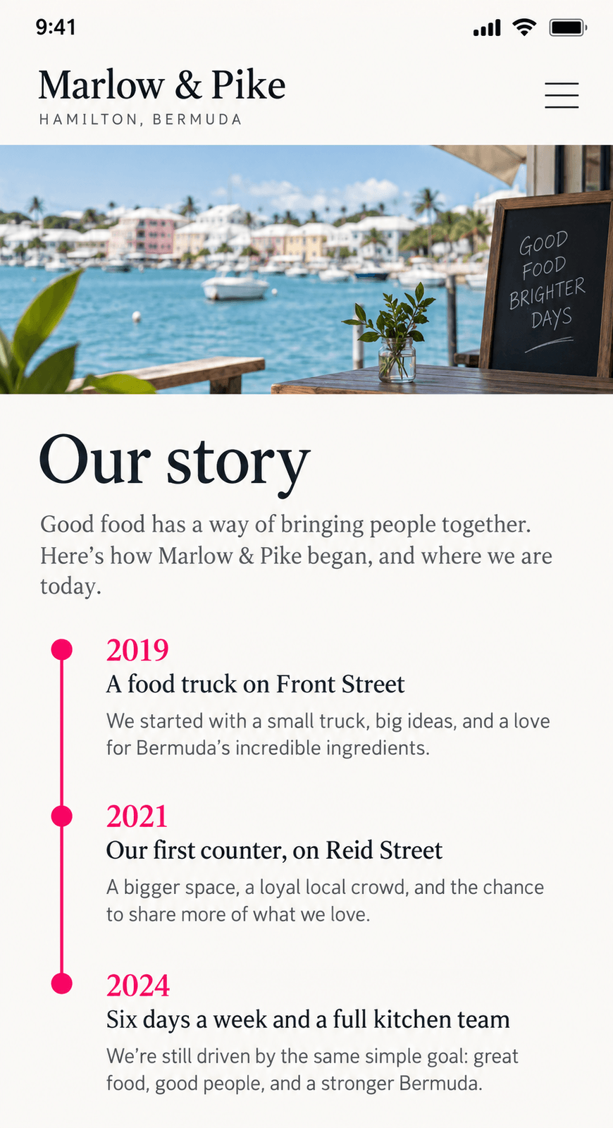 A restaurant's Our story page with a timeline from a food truck in 2019 to a full kitchen team in 2024