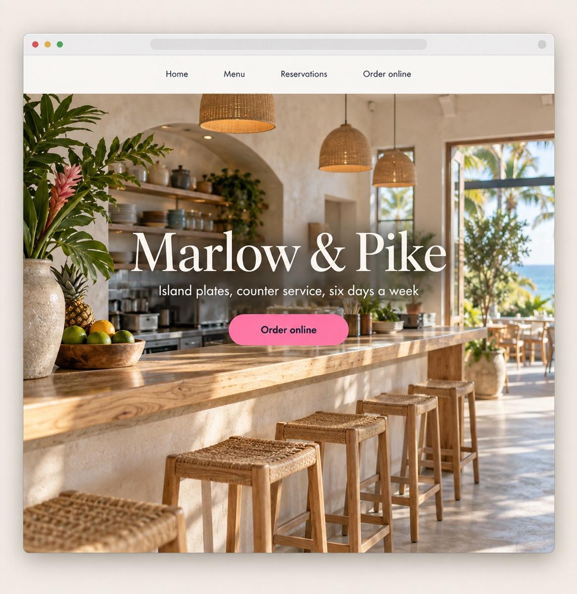 A restaurant's own website with menu and reservation links and an Order online button