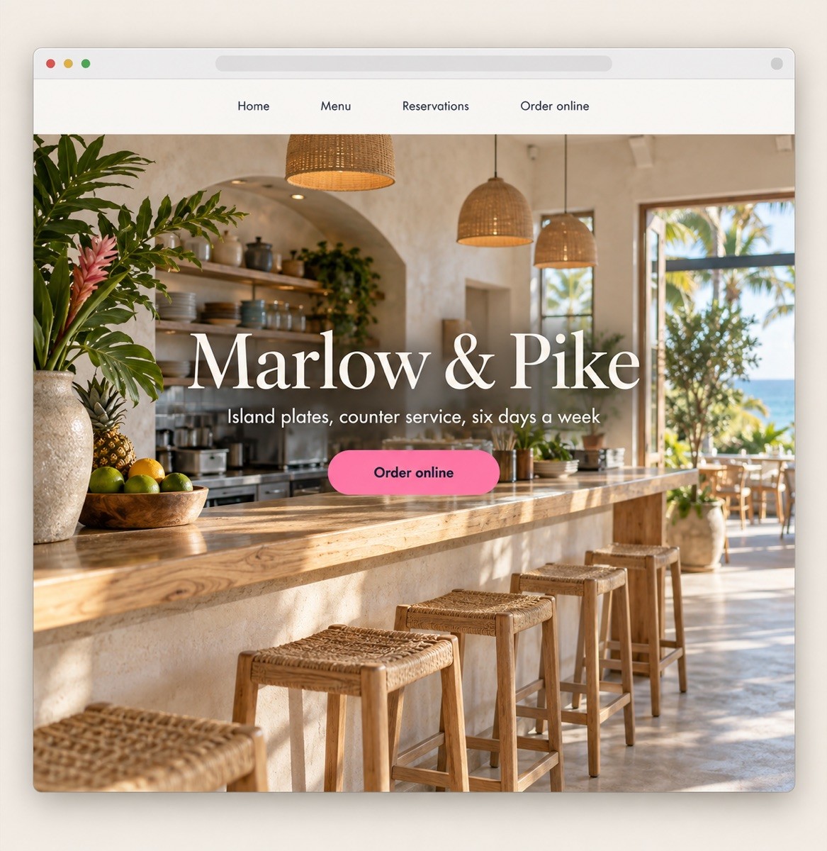 A restaurant's own website with menu and reservation links and an Order online button